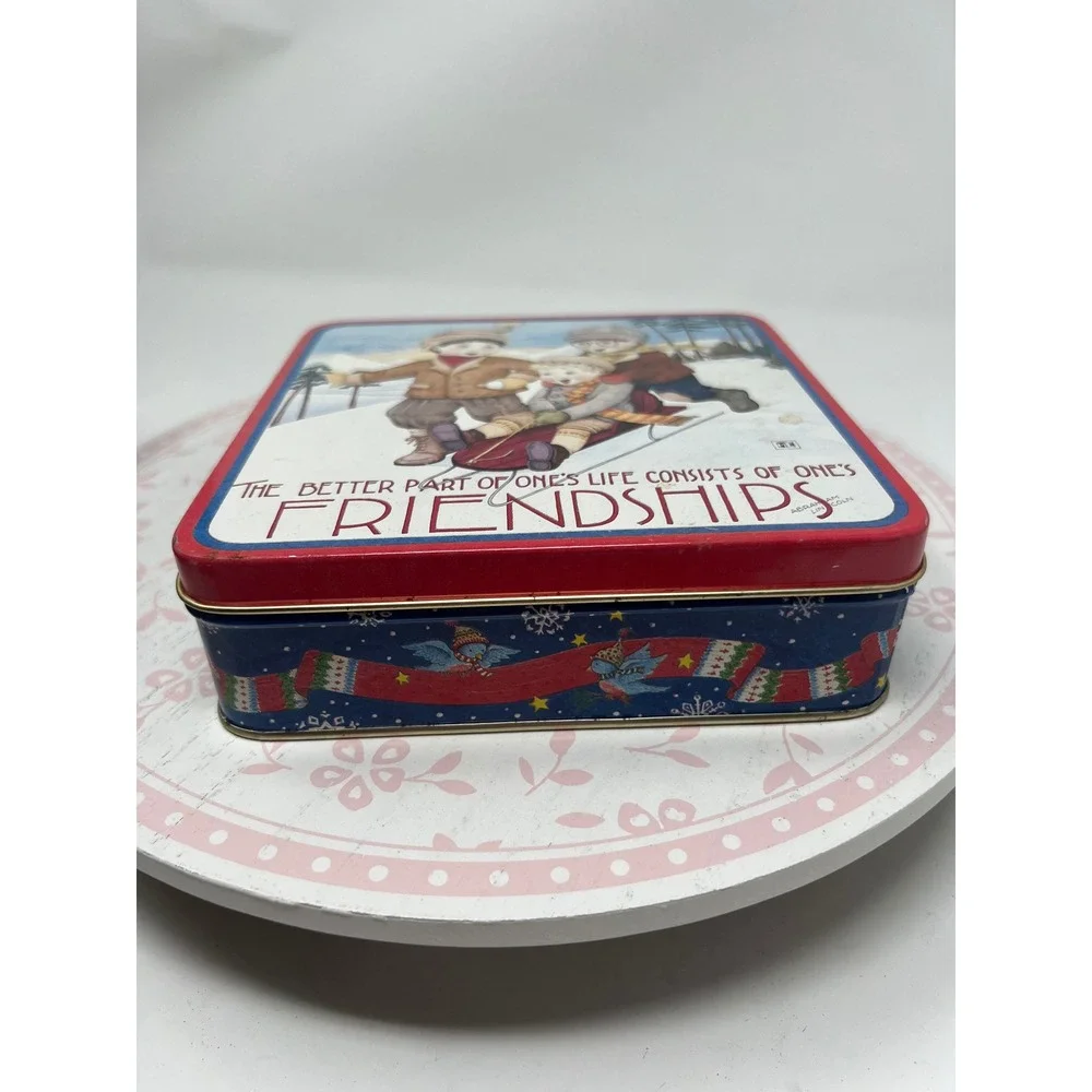 MARY ENGELBREIT Decorative‎ Tin Blue Red Friendship Sledding Winter Scene Box